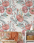 Anemone Fall Peel And Stick Wallpaper, Floral Wall Mural, Poppy Flowers Removable Wallpaper, Pink Wall Covering