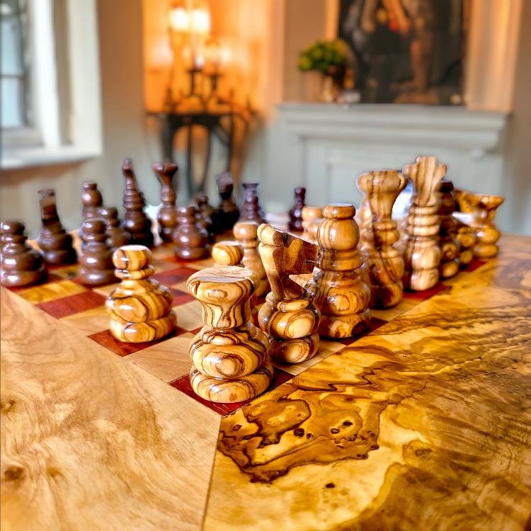 Handcrafted Olive Wood Chess Set with Drawer | Live Edge Red or Black Board