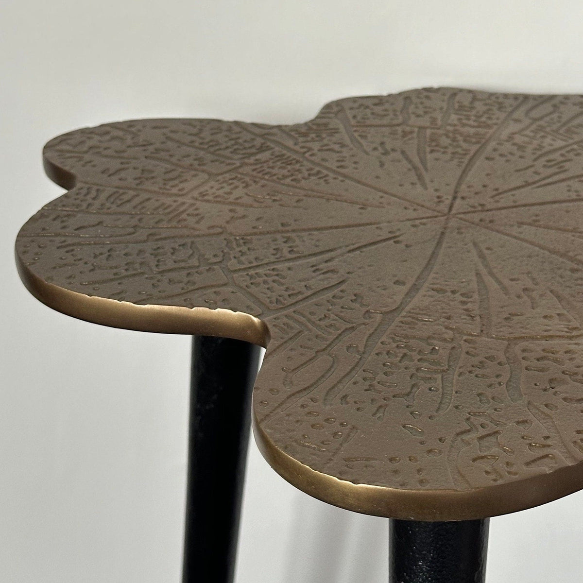 Brass Clover Side Table | Etched Top &amp; Black Iron Legs