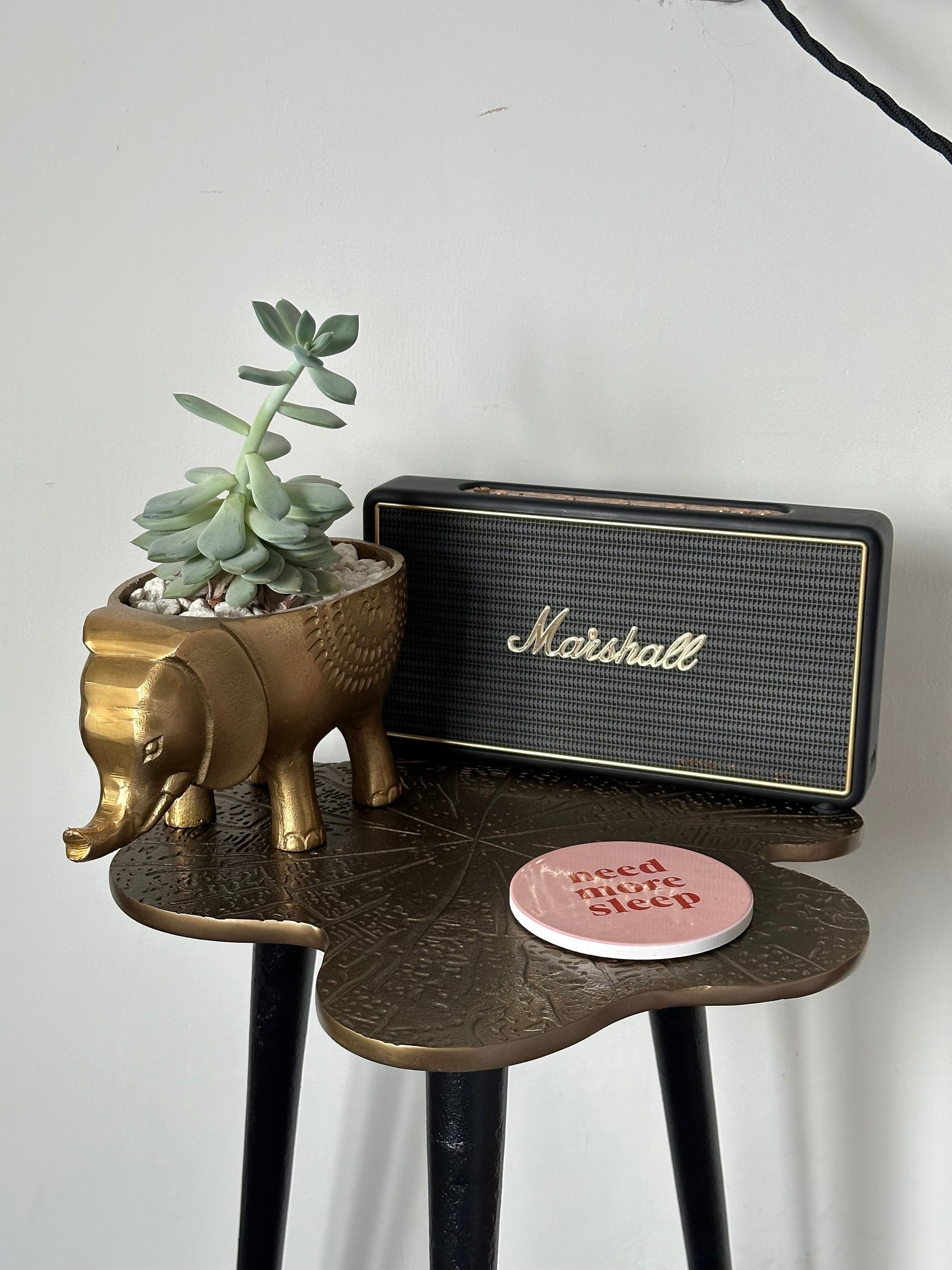 Brass Clover Side Table | Etched Top &amp; Black Iron Legs