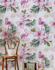 Pink Flamingo Floral Wallpaper | Pink Nursery Peel and Stick Removable Wallpaper | Baby Girl Blushing Pink Flamingo & Floral Décor