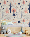Woodland Animals Kids Room Wallpaper | Forest Nursery Wall Mural | Rabbit Wallpaper Watercolour Wall Décor Nursery
