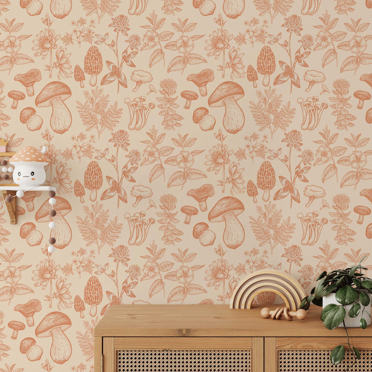Mushroom Wallpaper | Orange Wallpaper | Mid Century Modern Wallpaper | Kids Mushroom Peel and Stick Wallpaper | Vintage Wallpaper