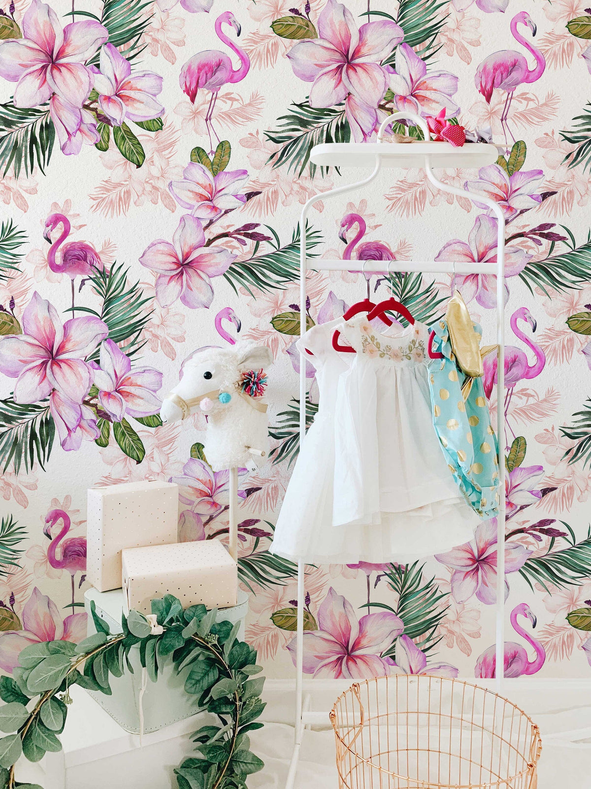 Pink Flamingo Floral Wallpaper | Pink Nursery Peel and Stick Removable Wallpaper | Baby Girl Blushing Pink Flamingo &amp; Floral Décor