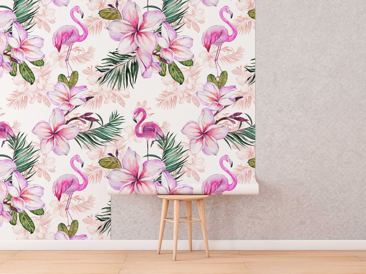 Pink Flamingo Floral Wallpaper | Pink Nursery Peel and Stick Removable Wallpaper | Baby Girl Blushing Pink Flamingo &amp; Floral Décor