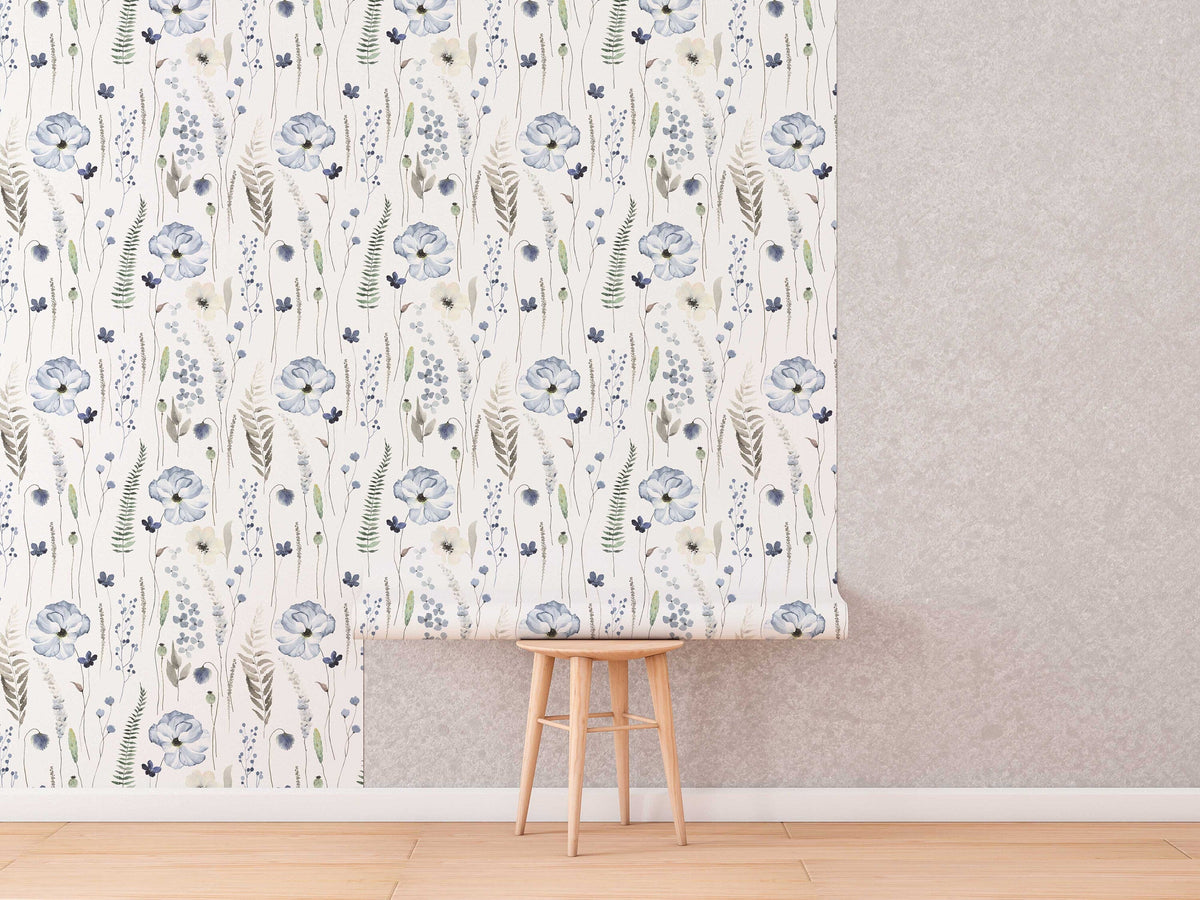 Blue Floral | Whispering Steal Blue Floral Wallpaper | Removable Peel &amp; Stick Self-Adhesive Wallpaper