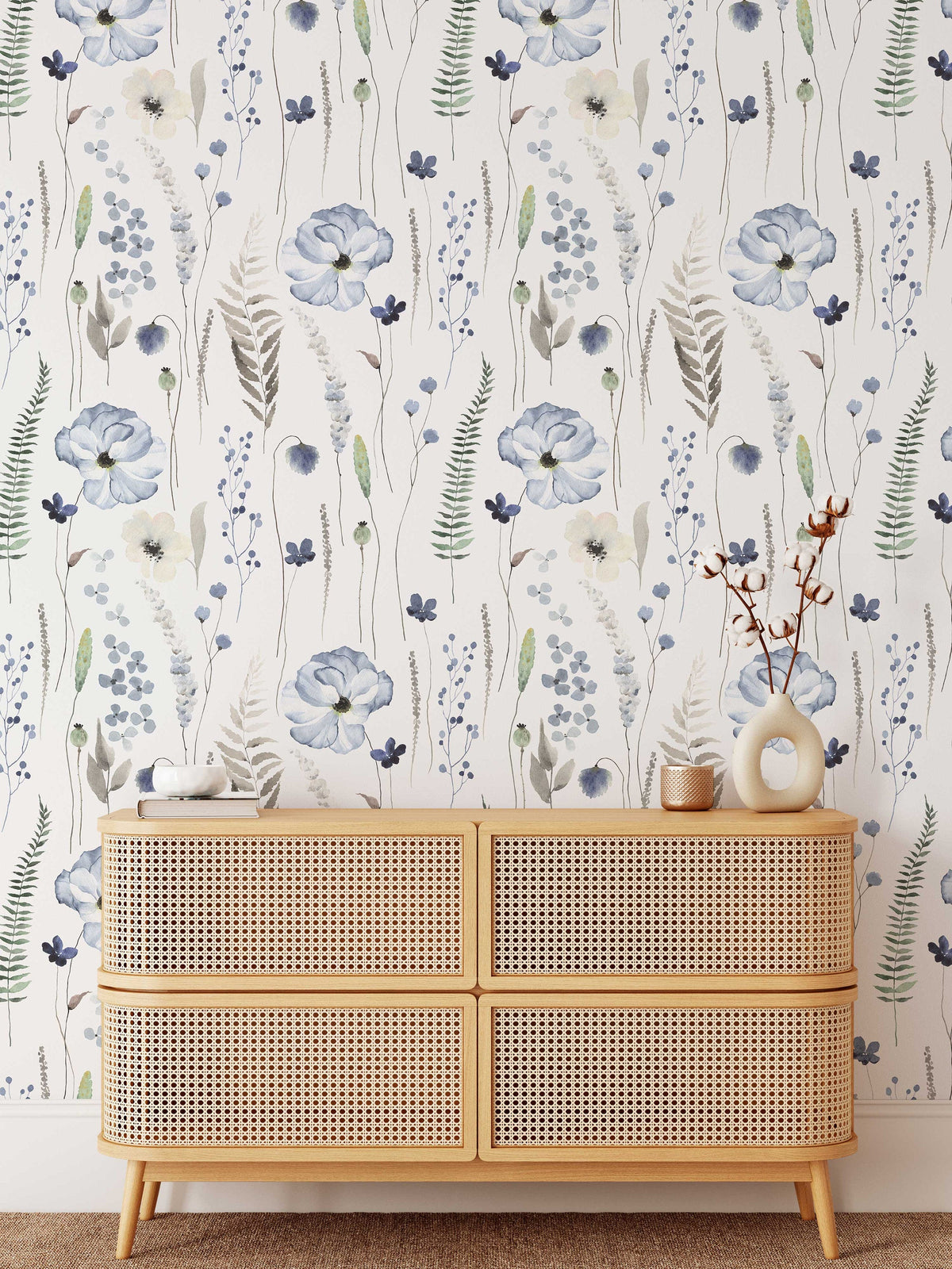 Blue Floral | Whispering Steal Blue Floral Wallpaper | Removable Peel &amp; Stick Self-Adhesive Wallpaper
