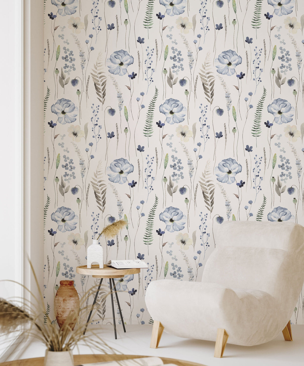 Blue Floral | Whispering Steal Blue Floral Wallpaper | Removable Peel &amp; Stick Self-Adhesive Wallpaper