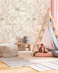 Cute Hand Drawing Safari Animals Wallpaper, Monochrome Animals Kids Wall Mural, Nursery Cartoon Animals Wallpaper, Peel and Stick, Removable