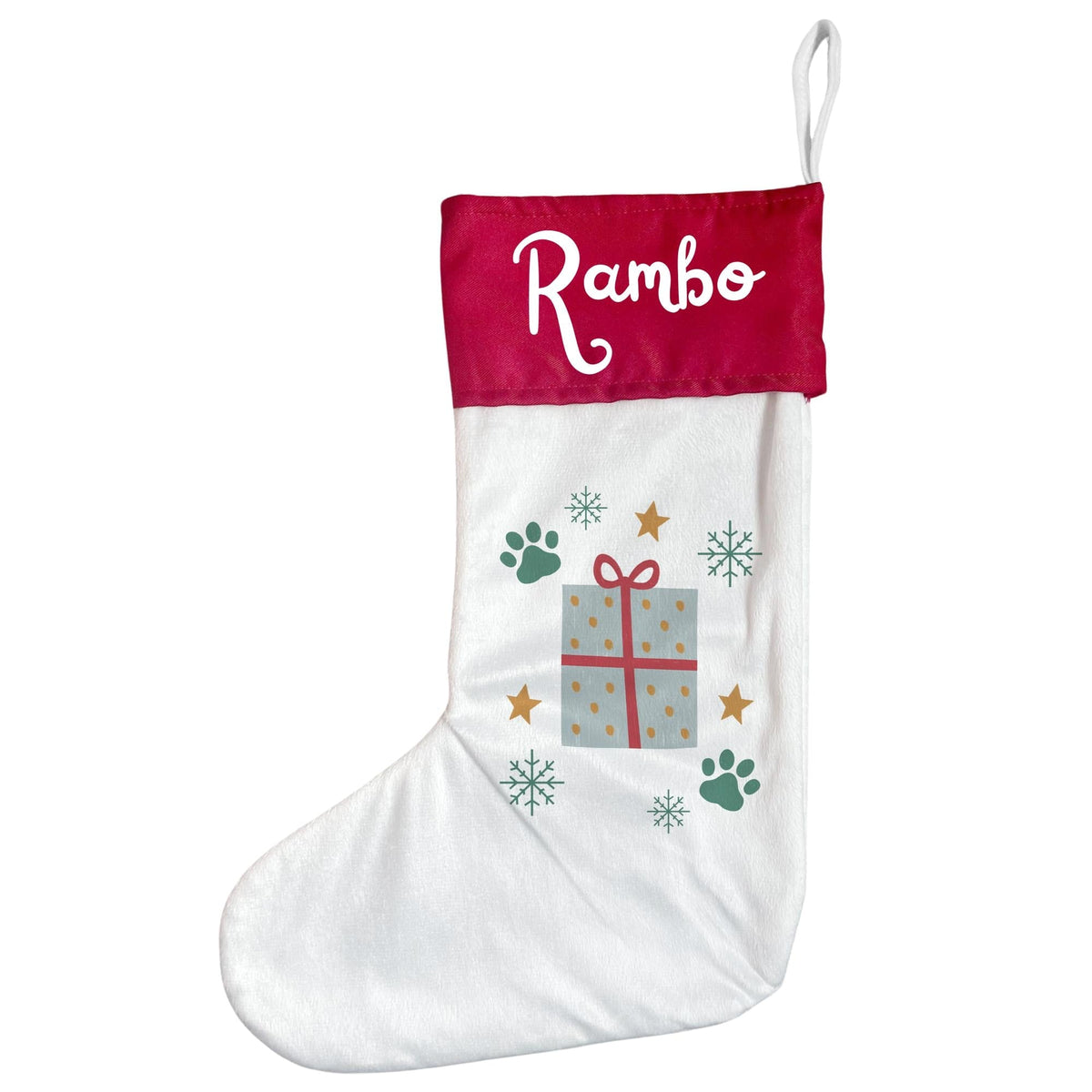 Personalised Pet Christmas Stocking with Paw Prints & Gift Design