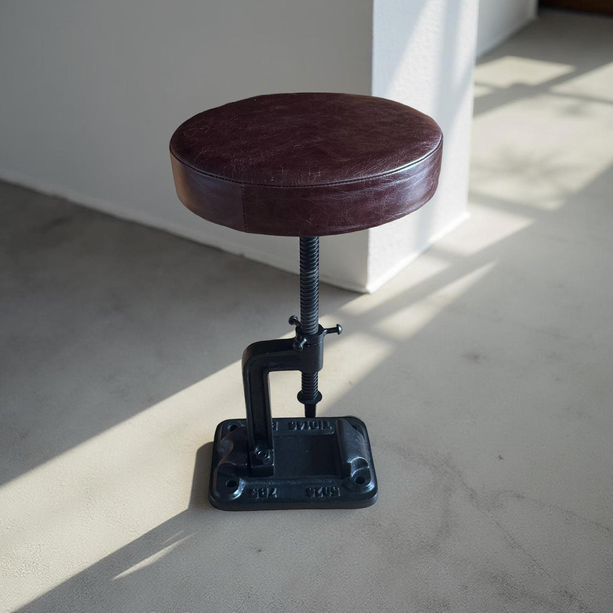 Vice Clamp Adjustable Stool | Cast Iron Industrial Seat | Leather Top