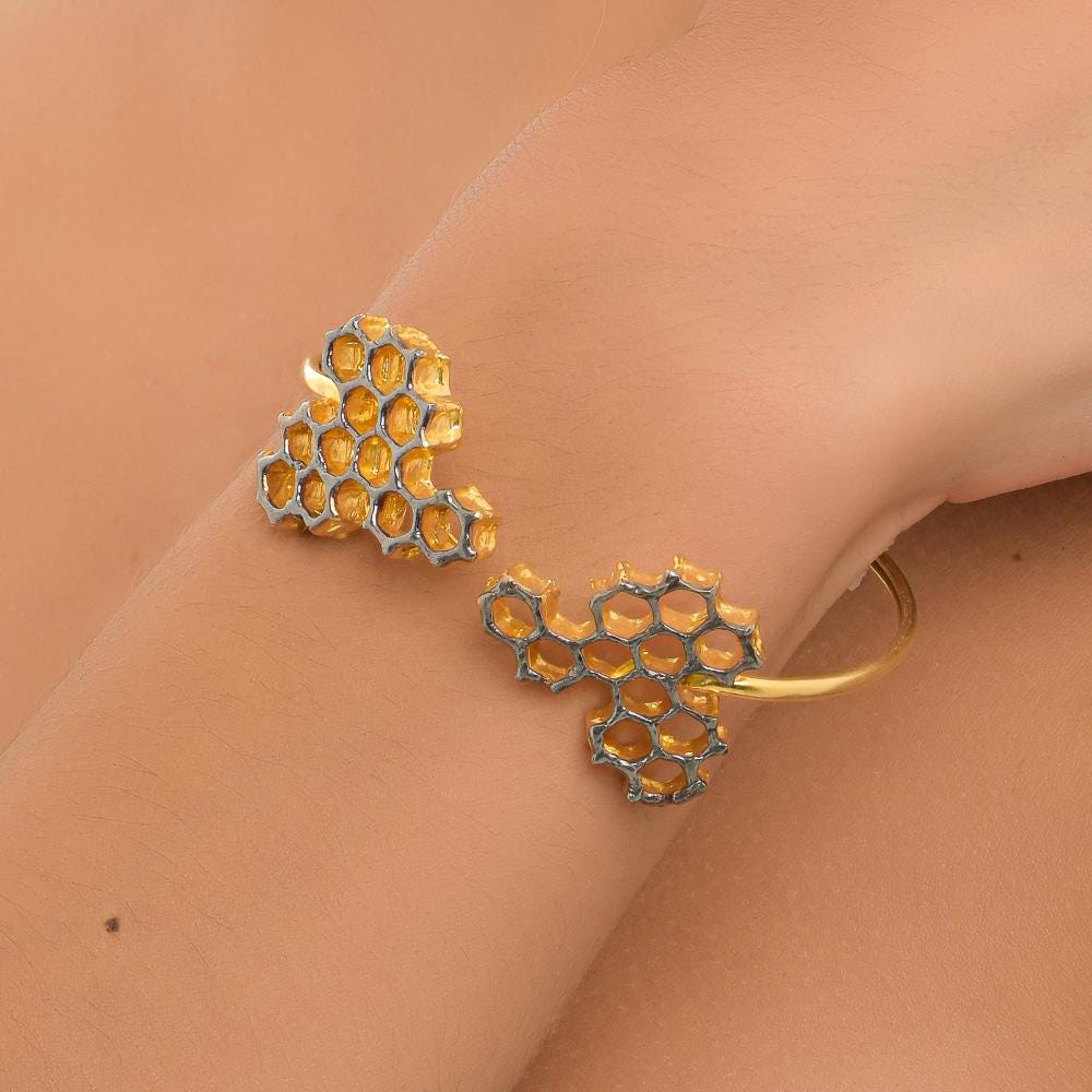Honeycomb Bee Bracelet: Two-Tone Gold and Black Wide Cuff-0