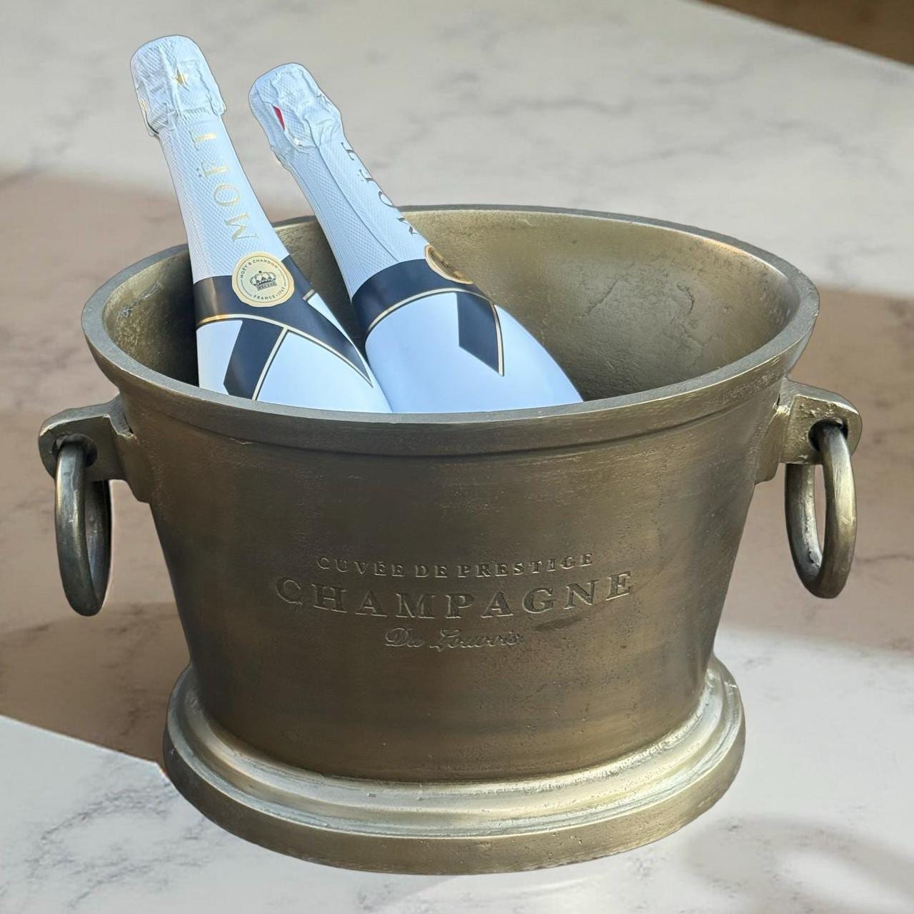 Antique Brass Champagne Ice Bucket with Engraved Detail