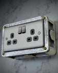 Brushed Steel Double Switched 13A Power Socket Grey Insert 230V 2 Gang 2G Socket Cast Metal Conduit Industrial
