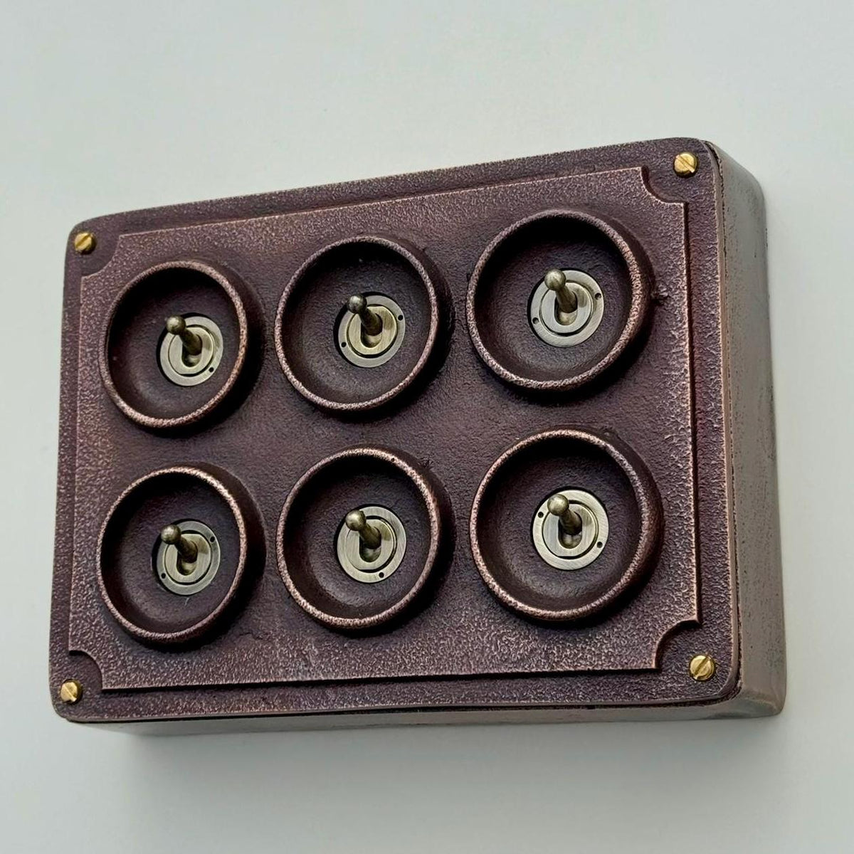 6 Gang 2 Way Antique Copper Conduit Toggle Light Switch | Cast Metal
