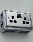 Brushed Steel Double Switched 13A Power Socket 230V 2 Gang 2G Socket Cast Metal Conduit Switch Industrial