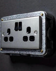 Brushed Steel Double Switched 13A Power Socket 230V 2 Gang 2G Socket Cast Metal Conduit Switch Industrial