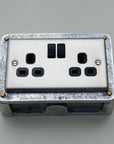 Brushed Steel Double Switched 13A Power Socket 230V 2 Gang 2G Socket Cast Metal Conduit Switch Industrial