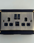 Antique Brass Double Gang Plug Socket with Industrial Black Cast Back Conduit Box