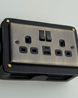 Antique Brass Double Gang Plug Socket with Industrial Black Cast Back Conduit Box
