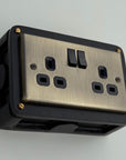 Antique Brass Double Gang Plug Socket with Industrial Black Cast Back Conduit Box