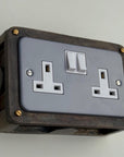 Grey Metal Clad Double Switched 13A Power Socket 230V 2 Gang Socket Antique Brass Conduit Switch