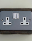 Grey Metal Clad Double Switched 13A Power Socket 230V 2 Gang Socket Antique Brass Conduit Switch