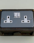 Grey Metal Clad Double Switched 13A Power Socket 230V 2 Gang Socket Antique Brass Conduit Switch