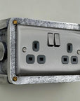 Brushed Steel Double Switched 13A Power Socket Grey Insert 230V 2 Gang 2G Socket Cast Metal Conduit Industrial