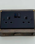Matt Black Double Gang Plug Socket with Industrial Antique Brass Back Conduit Box
