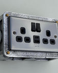 Black Nickel Double Switched 13A Socket | 2 Gang Solid Cast Metal Industrial Power Socket