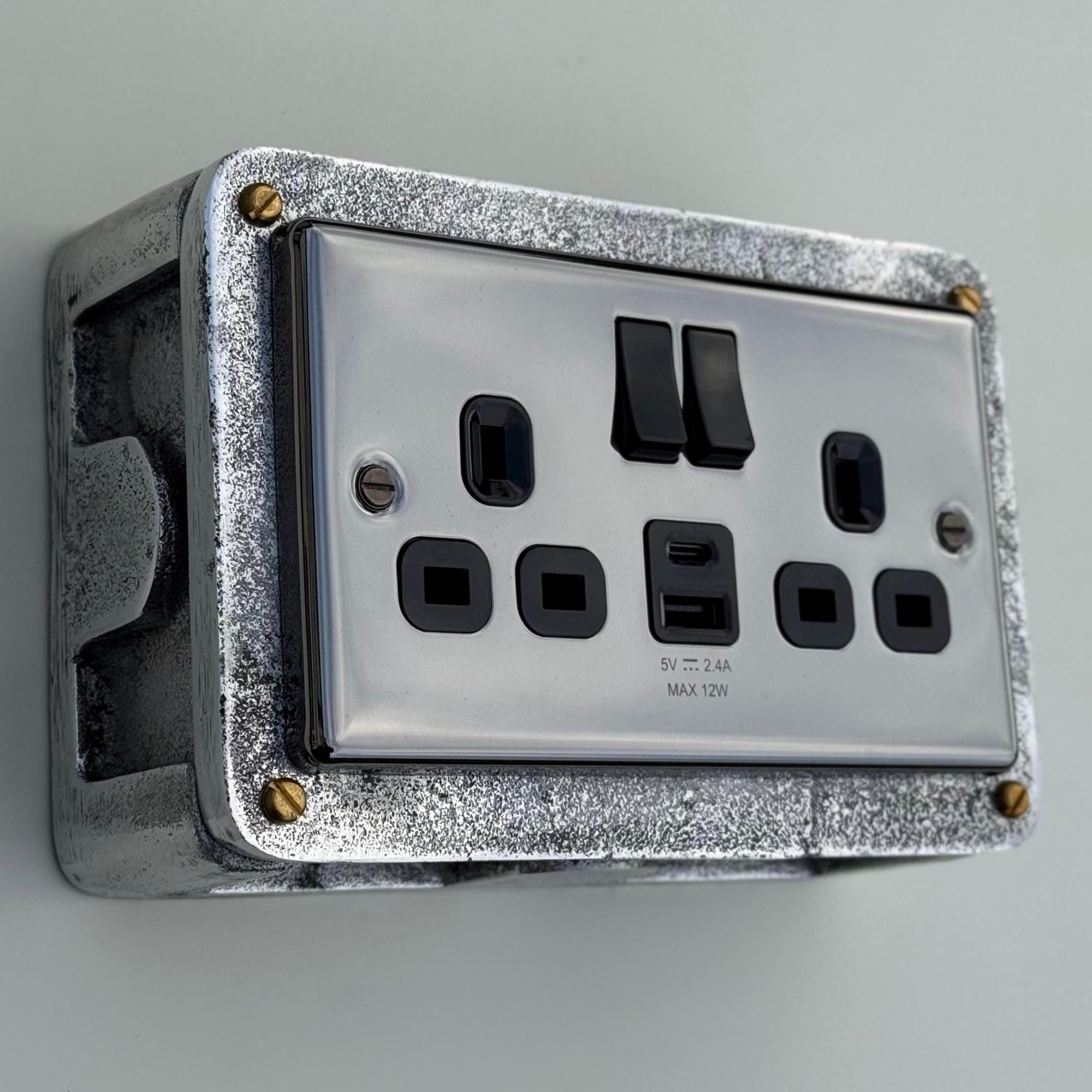 Black Nickel Double Switched 13A Socket | 2 Gang Solid Cast Metal Industrial Power Socket