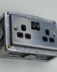 Black Nickel Double Switched 13A Socket | 2 Gang Solid Cast Metal Industrial Power Socket