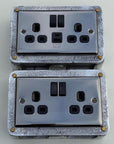 Black Nickel Double Switched 13A Socket | 2 Gang Solid Cast Metal Industrial Power Socket