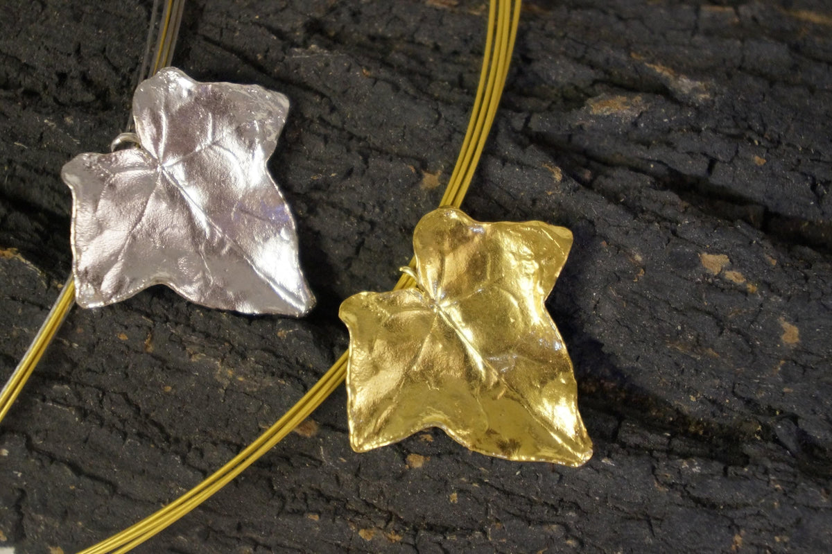 Gold Ivy Leaf Pendant, Handmade Nature Jewelry, Organic Forest Necklace, Gift for Longevity &amp; Luck, Eco Sustainable Sterling Silver 925