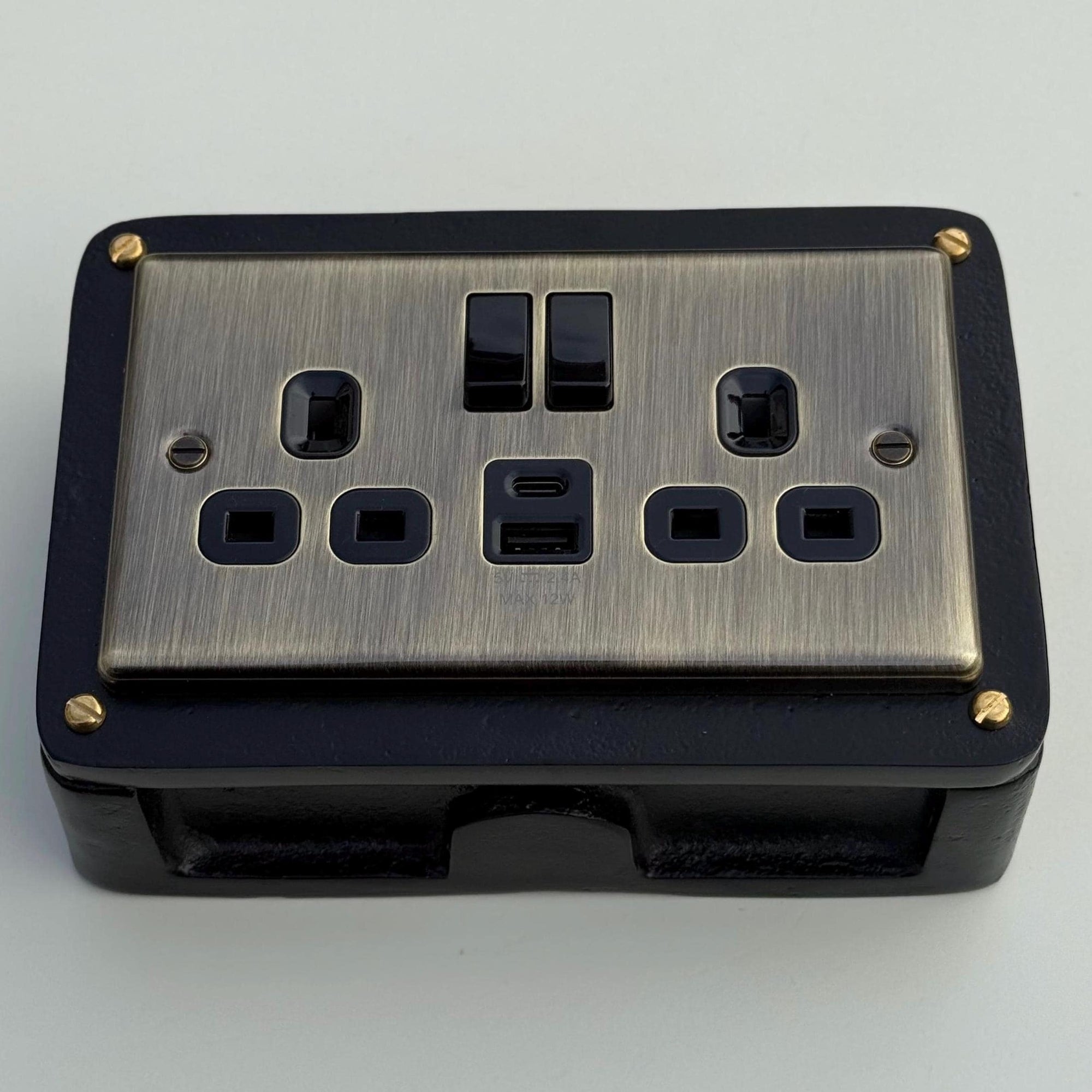 Antique Brass Double Gang Plug Socket with Industrial Black Cast Back Conduit Box