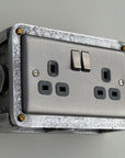 Brushed Steel Double Switched 13A Power Socket Grey Insert 230V 2 Gang 2G Socket Cast Metal Conduit Industrial