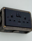 Matt Black Double Gang Plug Socket with Industrial Antique Brass Back Conduit Box