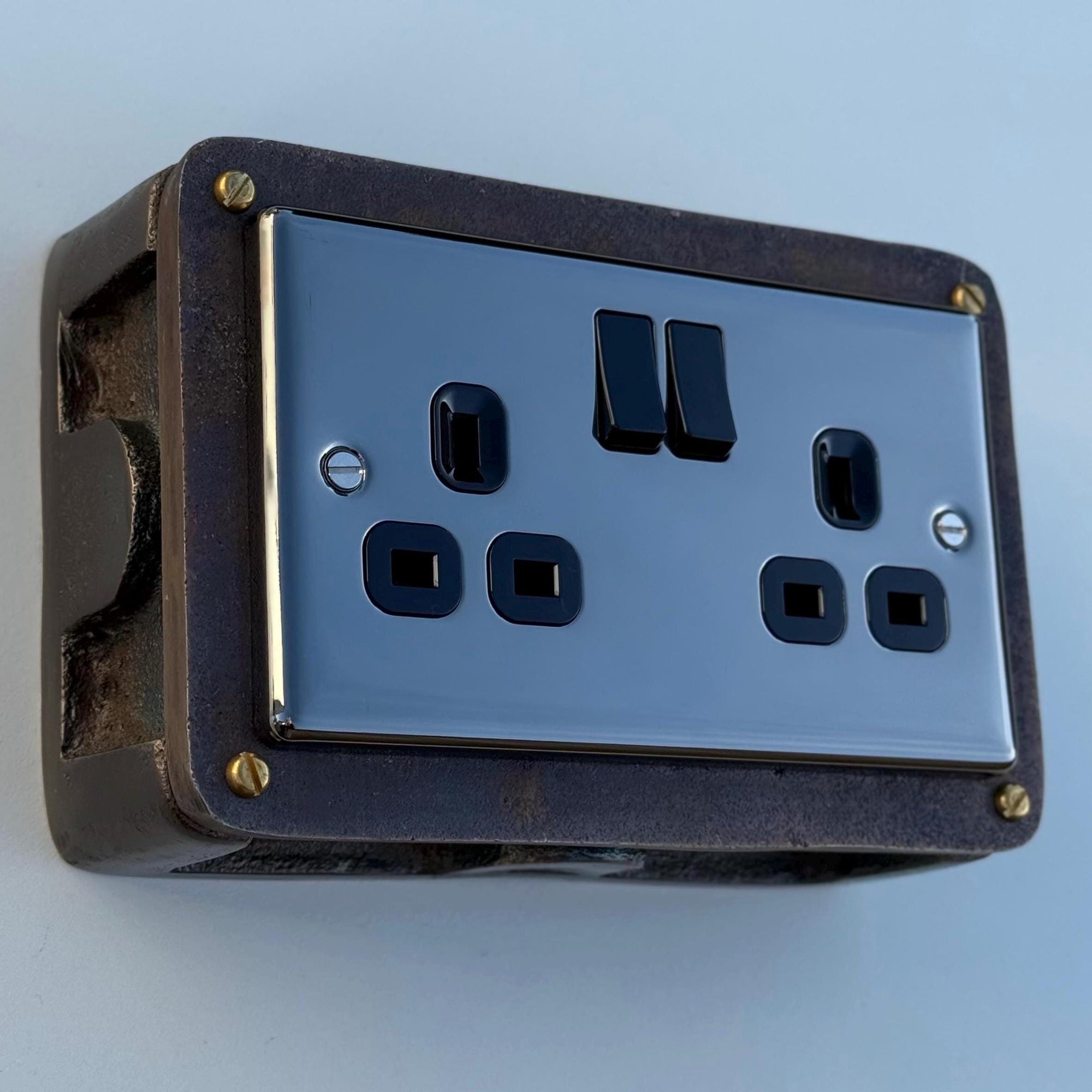Black Nickel Double Switched 13A Power Socket 230V 13A 2 Gang 2G  Solid Metal Antique Brass Conduit Switch