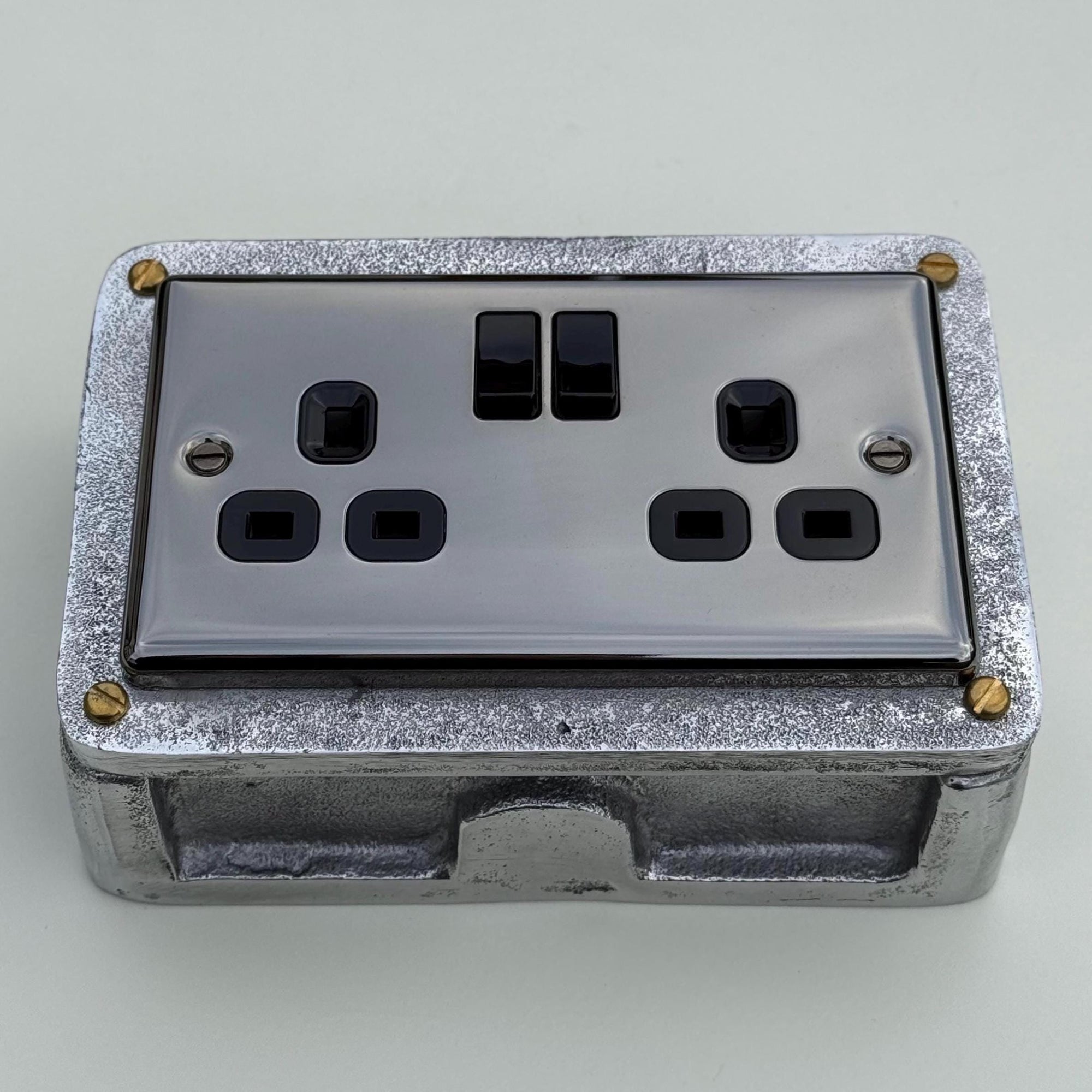 Black Nickel Double Switched 13A Socket | 2 Gang Solid Cast Metal Industrial Power Socket