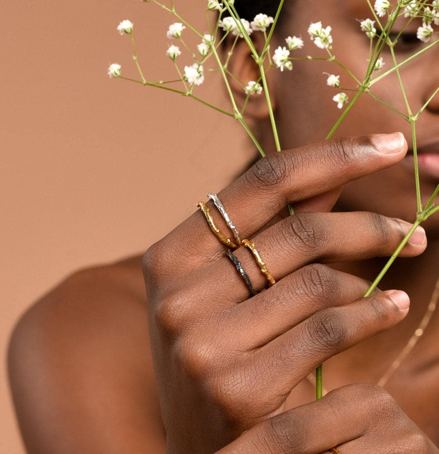 Real Olive Branch Gold Band Ring, Handmade Nature Jewelry, Organic Botanical Band, Gift for Peace &amp; Protection, 14K Gold Plated Brass