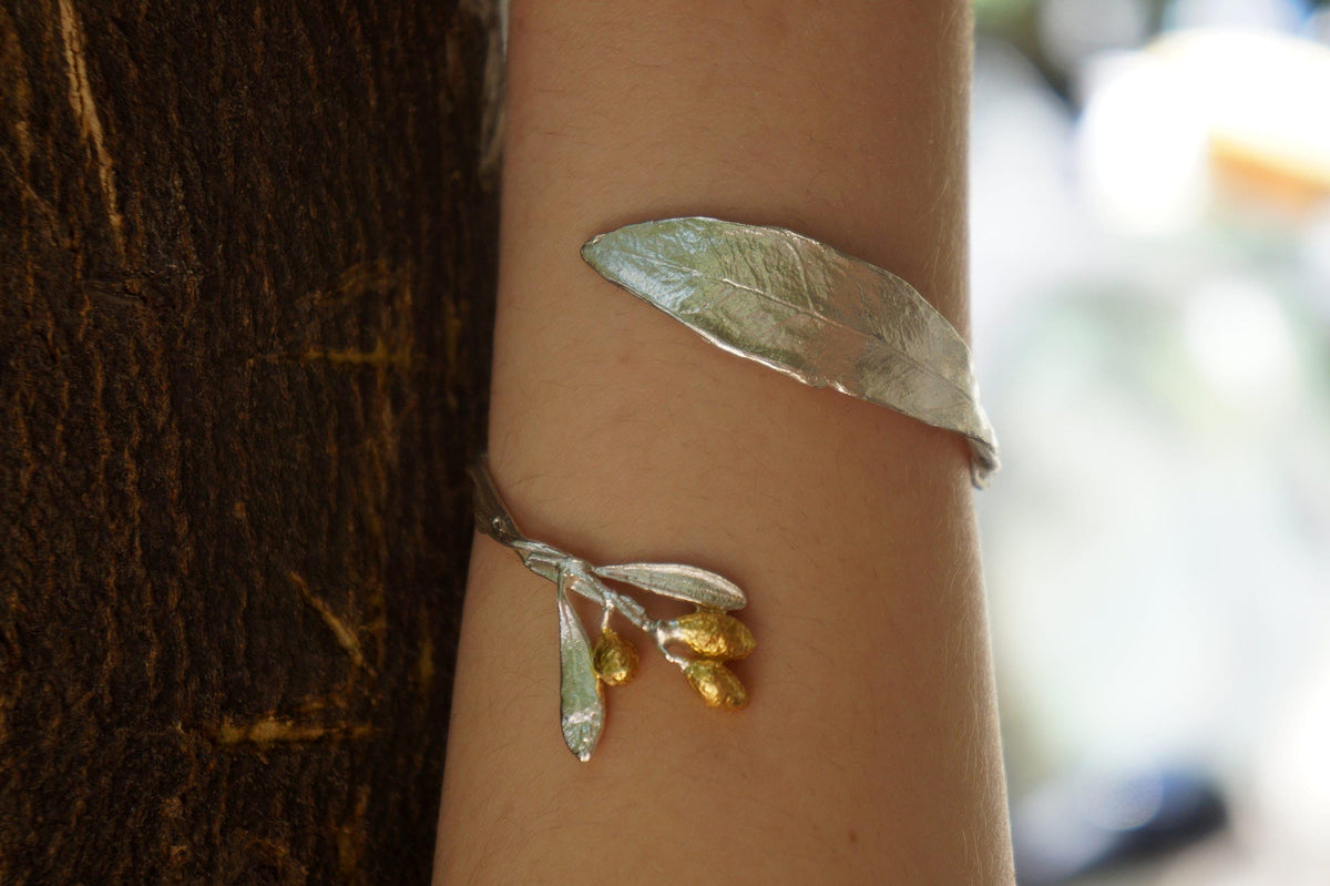 Real Olive Branch Gold Bangle Bracelet, Handmade Nature Jewelry, Organic Forest Cuff, Unique Gift for Nature Lovers, 14K Gold Plated Sterling Silver 925