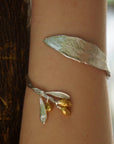 Real Olive Branch Gold Bangle Bracelet, Handmade Nature Jewelry, Organic Forest Cuff, Unique Gift for Nature Lovers, 14K Gold Plated Sterling Silver 925