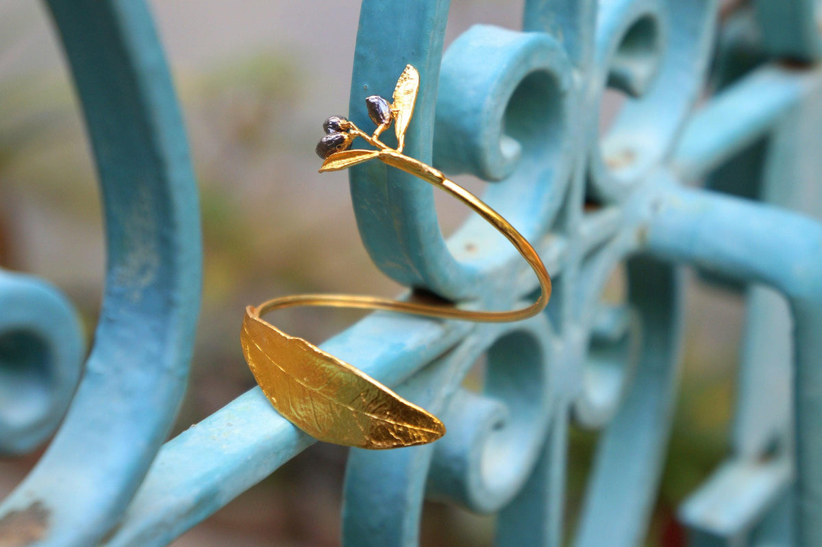 Real Olive Branch Gold Bangle Bracelet, Handmade Nature Jewelry, Organic Forest Cuff, Unique Gift for Nature Lovers, 14K Gold Plated Sterling Silver 925