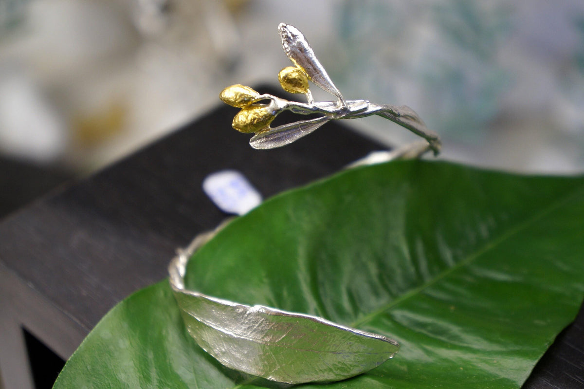 Real Olive Branch Gold Bangle Bracelet, Handmade Nature Jewelry, Organic Forest Cuff, Unique Gift for Nature Lovers, 14K Gold Plated Sterling Silver 925