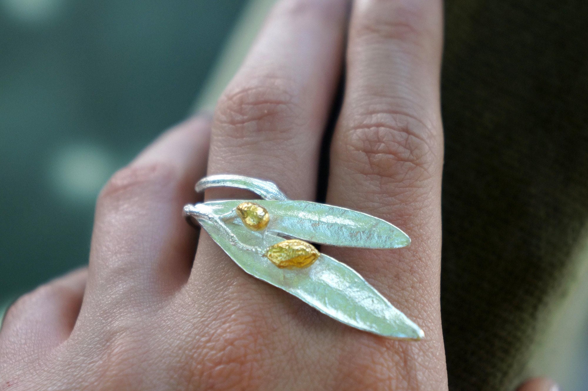 Statement Nature Ring: Olive Leaves Design - Adjustable Sterling Silver-4