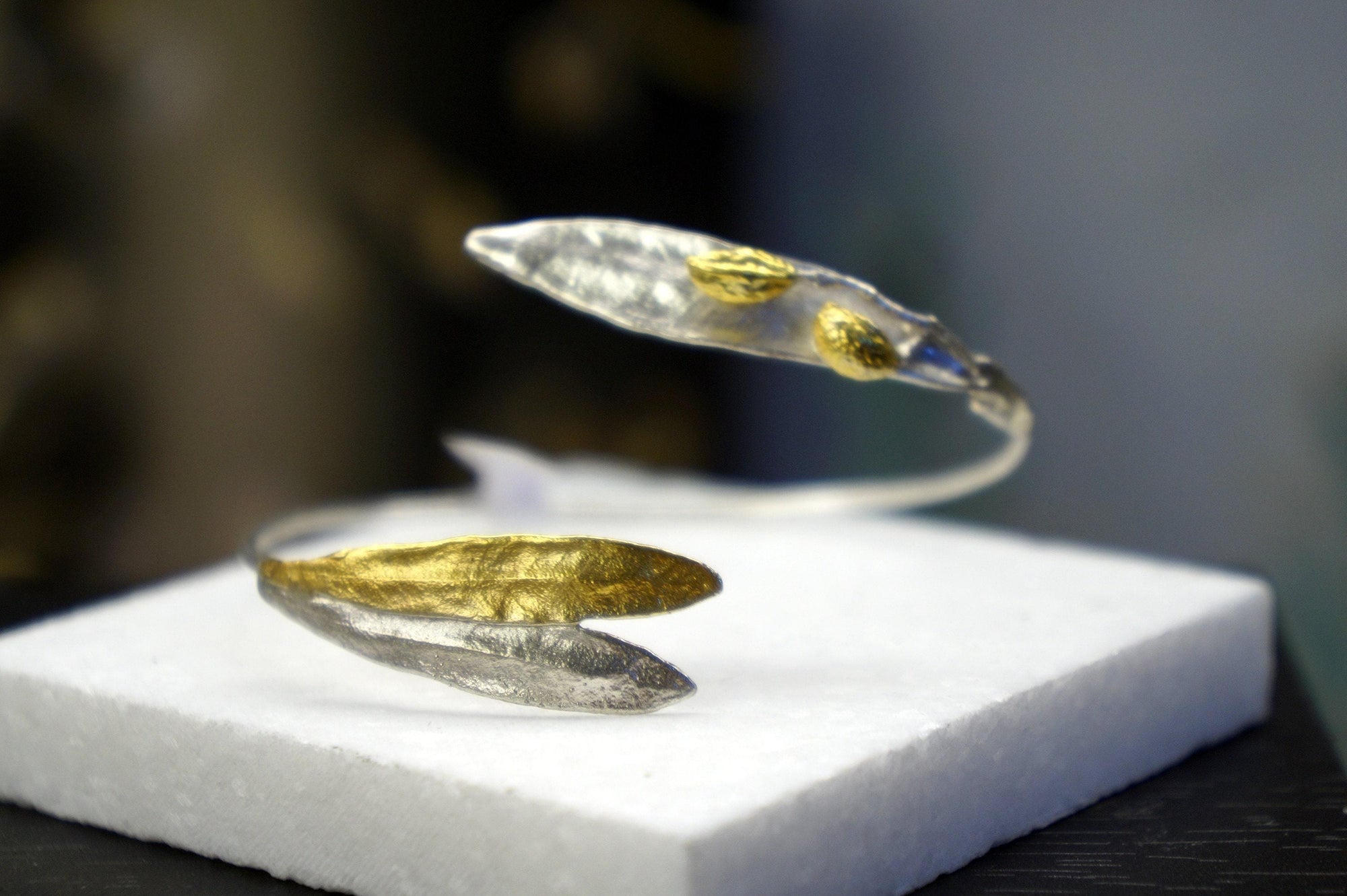 Real Olive Leaf Silver Cuff Bracelet, Handmade Nature Jewelry, Organic Forest Cuff, Gift for Peace &amp; Protection, 14K Gold Plated Sterling Silver 925