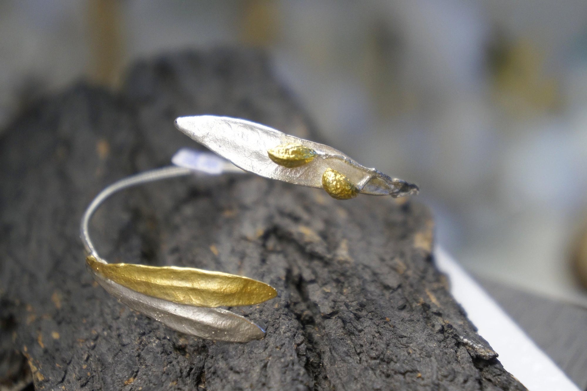 Real Olive Leaf Silver Cuff Bracelet, Handmade Nature Jewelry, Organic Forest Cuff, Gift for Peace &amp; Protection, 14K Gold Plated Sterling Silver 925