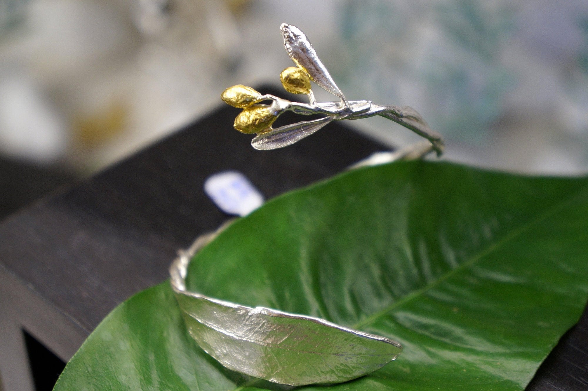 Real Olive Branch Gold Bangle Bracelet, Handmade Nature Jewelry, Organic Forest Cuff, Gift for Peace &amp; Protection, 14K Gold Plated Brass