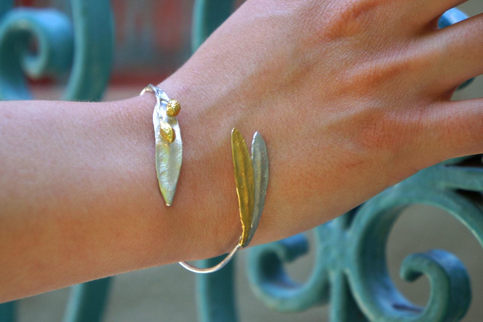 Real Olive Leaf Silver Cuff Bracelet, Handmade Nature Jewelry, Organic Forest Cuff, Gift for Peace &amp; Protection, 14K Gold Plated Sterling Silver 925